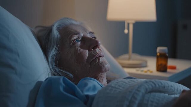 Elderly Woman Restless In Bed At Night With Pills Beside Her