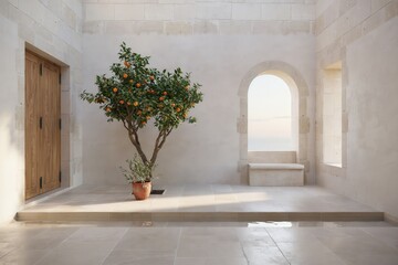 Fototapeta premium A potted orange tree with ripe fruit standing in a bright stone courtyard with arched windows, wooden doors, and soft sunlight hitting the floor