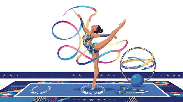 Gymnast performing with colorful ribbons.