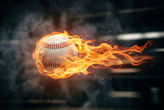 Flaming baseball flying quickly through the air with a long trail of orange and yellow fire