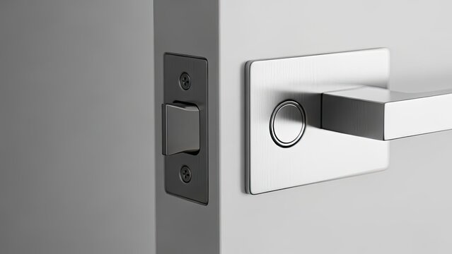 Close-up of modern, minimalist door hardware latch and handle