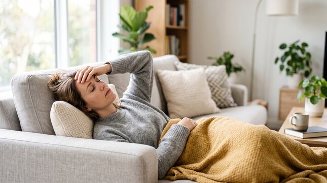 Young woman lying on couch at home, feeling sick with a headache and fever, covered in a warm blanket