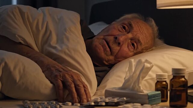 Elderly Man Sleeping Peacefully Bedside Medicine Night 4K