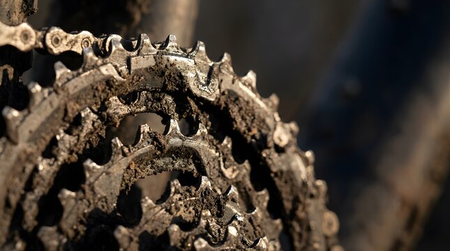 Dirty mountain bike chainrings covered in mud outdoors at sunset