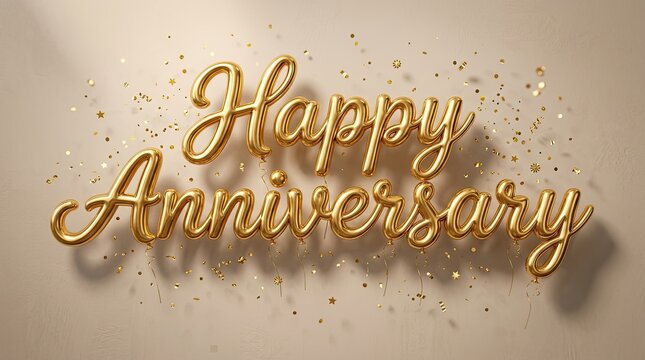 Elegant gold happy anniversary lettering with sparkling confetti on a soft neutral beige background for celebration