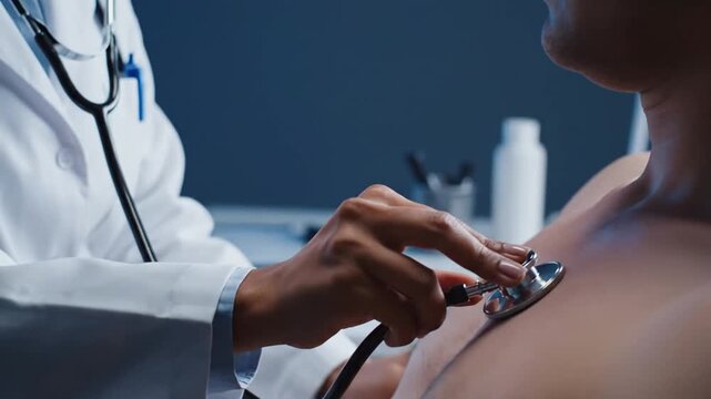 Doctor Uses Stethoscope To Examine Patient's Chest During Medical Checkup 4K