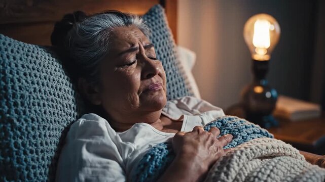 Elderly Woman Experiencing Chest Pain In Bed