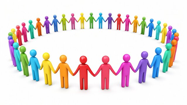 Colorful 3D people figures holding hands in a circle representing unity and teamwork.