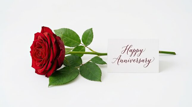 A single beautiful red rose lying next to a white card with happy anniversary written on it