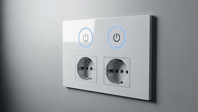 Close-up of a modern, white wall outlet with illuminated power buttons