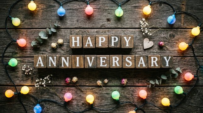 Happy anniversary greeting card with wooden letter blocks surrounded by colorful glowing fairy lights on dark rustic wood