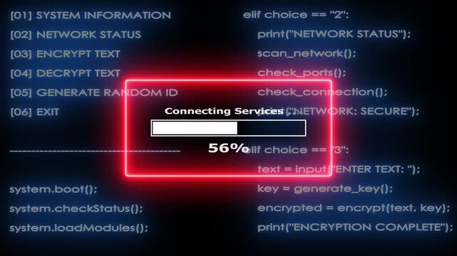 Cyber security tool loading screen featuring red neon frame over digital code.