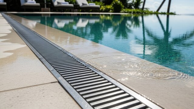 Detail of infinity pool edge with water flowing into a drain, with blurred background