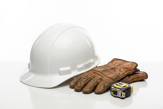 White construction hard hat with leather gloves and a measuring tape
