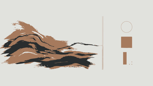 Abstract vector illustration featuring brown and dark grey brush strokes with geometric shapes on a light neutral background for design
