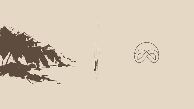 Elegant vector illustration featuring a traditional japanese pagoda landscape paired with a minimalist linear infinity symbol on neutral beige background