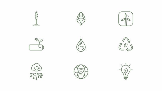 Green energy vector illustration set featuring renewable power icons like wind turbine and recycled leaf symbols for sustainable modern branding