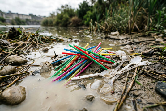 Colorful plastic straws and spoons discarded as garbage in muddy water