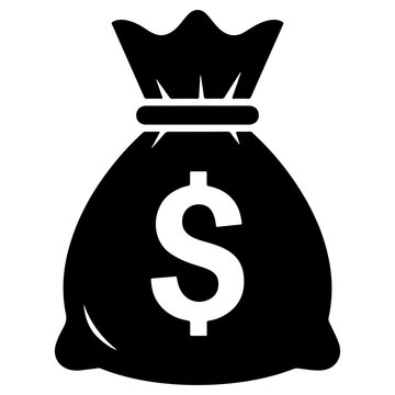 Black money sack icon with dollar symbol for financial reports investment banking and business presentations in minimalist vector style.