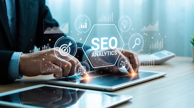 Businessman using tablet with SEO analytics search engine optimization marketing strategy icons for website traffic growth online visibility digital advertising performance