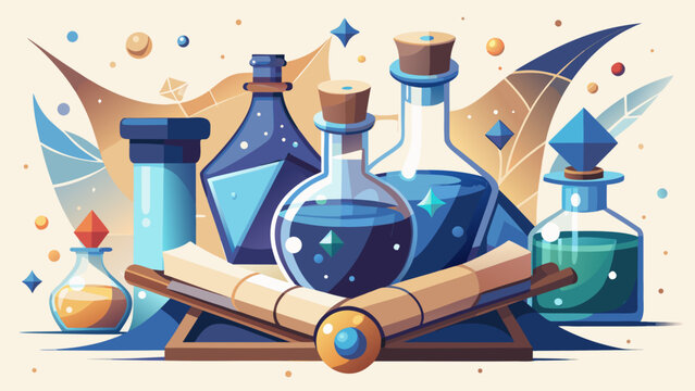 Editorial alchemy magic potion bottles and old scroll vector illustration with mystical experiment enchanted colorful creative illustration artistic background research collection