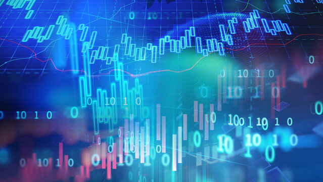 The financial screen display features blue hollow candlestick charts, binary numbers, and market trend gridlines, illustrating the economic impact of cryptocurrency trading platforms, real-time asset 