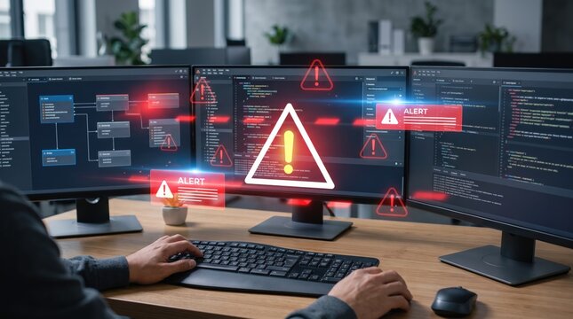 Cyber security alert warning on multiple computer monitors, hacker attack detection system, network protection firewall, red danger signs and code programming interface