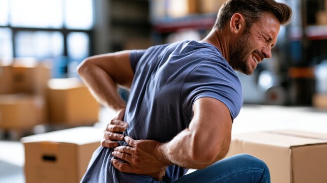 man back pain, male worker trying to lift a heavy cardboard box from the floor suffering from muscle problem.