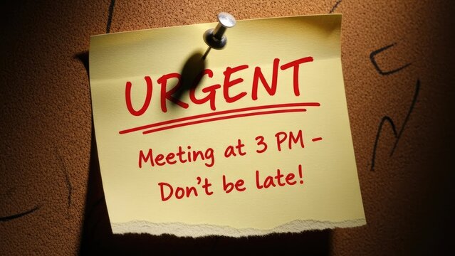 Close-up of yellow sticky note pinned to a textured surface, red text "URGENT" & time