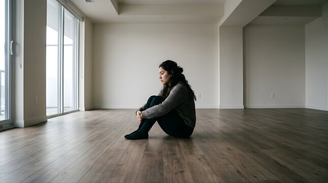 Sad young woman sitting alone on the floor of an empty modern apartment