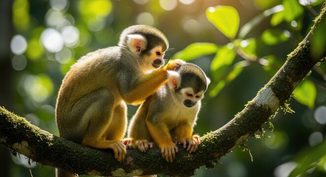 Two squirrel monkeys grooming each other on a branch in a forest setting