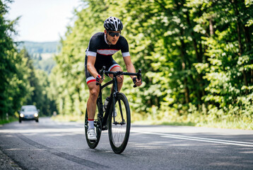 Fototapeta premium Male professional cyclist riding a road bicycle through a dense forest