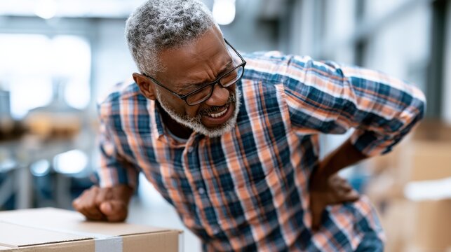 man back pain, male worker trying to lift a heavy cardboard box from the floor suffering from muscle problem.