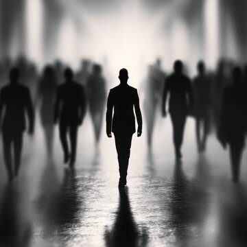 Business leadership walking towards space in silhouette.