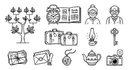 Fototapeta premium Family History Icons: Genealogy Tree, Photos, Elders, Travel, Memories, Antiques