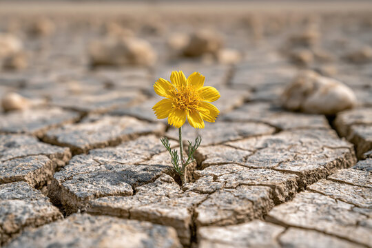 A small yellow flower blooms through cracked , symbolizing resilience in a drought-stricken landscape.