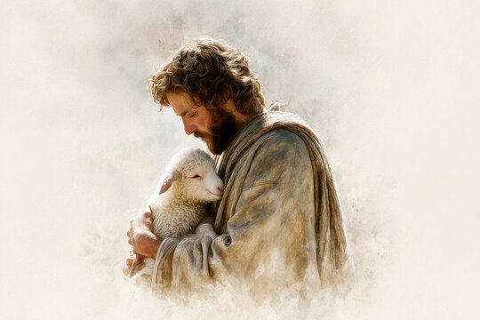 Jesus Christ holding a lamb in a serene landscape with soft lighting, showcasing detailed watercolor artistry and realistic style.