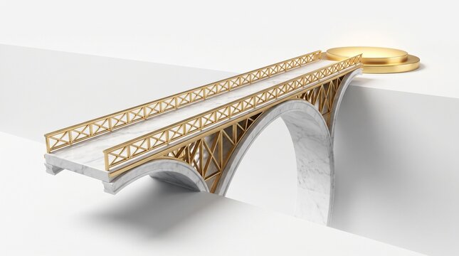 Golden bridge spanning white canyon gap, luxury architectural bridge connecting two cliffs, metaphorical path to success and opportunity
