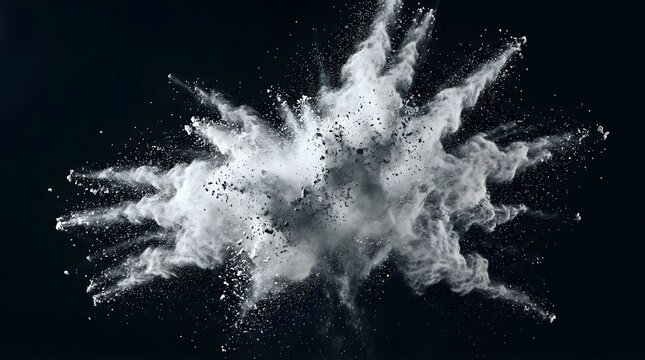 White powder explosion creating a dynamic cloud isolated on black background
