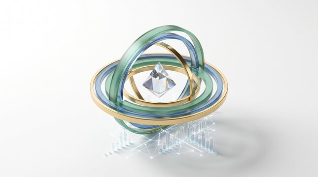 Futuristic 3D abstract geometric sculpture, glass crystal pyramid with gold rings, elegant tech concept on white background