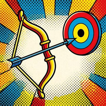  poster of an archery bow and arrow aiming at a target center. Typography: "Bullseye!"