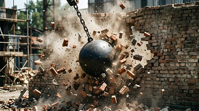 Wrecking ball demolishing a brick wall at a construction site