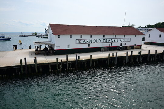 Arnold Transit Company ferry warehouse and industrial storage on the pier on Mackinac Island, Michigan