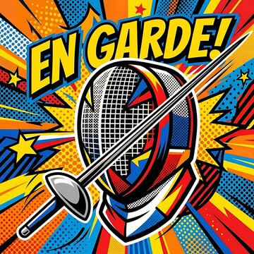  poster of a fencing foil crossing a stylized mask. Typography: "En Garde!"