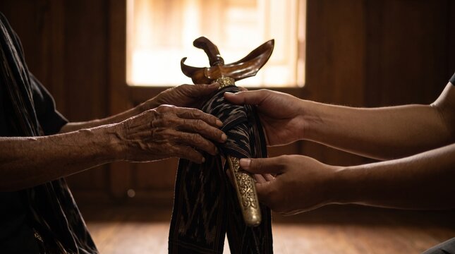 Hands passing traditional keris heirloom dagger from elder to young generation in cultural heritage ceremony