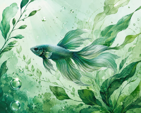 Green Betta Fish with Botanical Leaves, Elegant Watercolor Aquatic Illustration