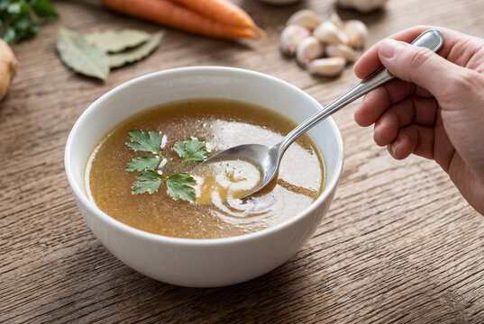 Hand holding spoon and eating warm bone broth from white bowl
