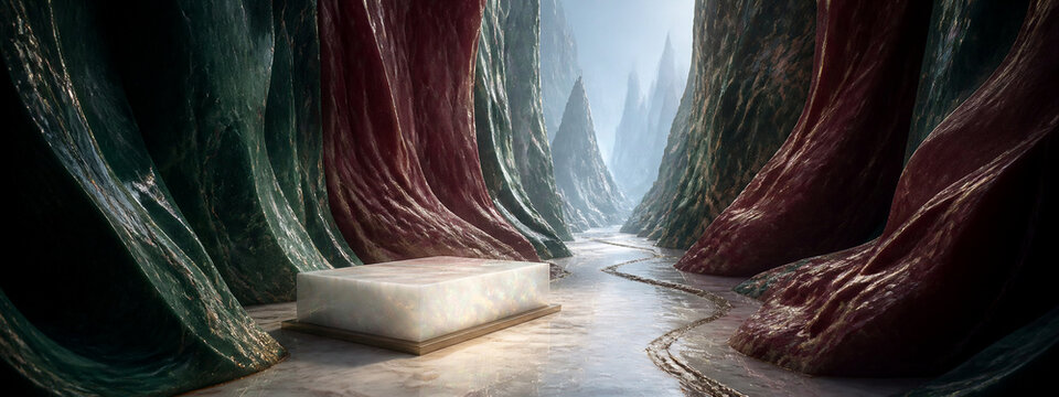Velvet canyon folds with luminous mineral podium &mdash; minimal ultra-wide overview with crop-safe margins