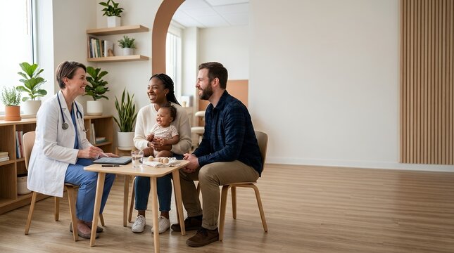 A friendly female doctor consulting with a young diverse couple and their baby in a bright modern clinic office.