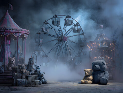 Foggy Halloween carnival with ferris wheel teddy bear circus tents pumpkins and cemetery elements creating a cinematic spooky fantasy scene